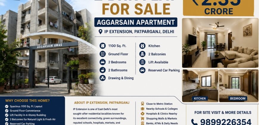 2 BHK Flat Available for Sale in Aggarsain Apartment, IP Extension, Patparganj