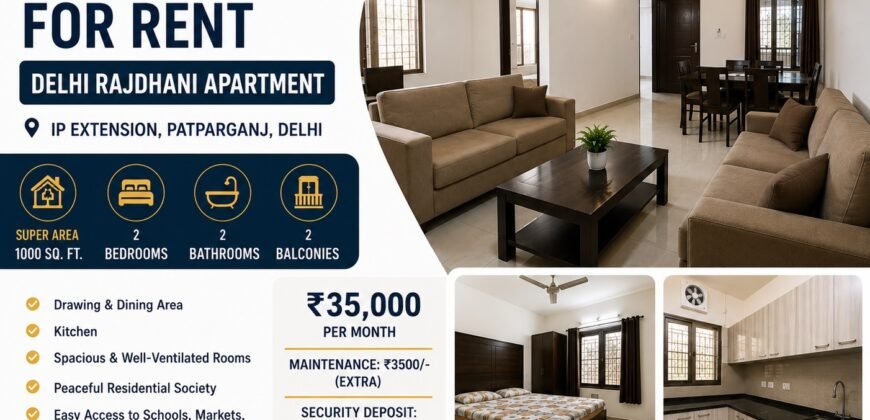 2 BHK Flat Rent in Delhi Rajdhani Apartment, IP Extension, Patparganj, Delhi