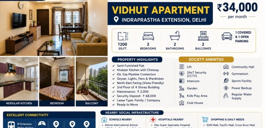 2 BHK Flat for Rent in Vidyut Apartment, IP Extension, Delhi