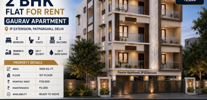 2 BHK Flat for Rent | Gaurav Apartment, IP Extension, Patparganj