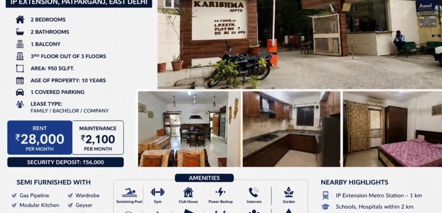2 BHK Flat for Rent in Karishma Apartment, IP Extension, Patparganj, East Delhi