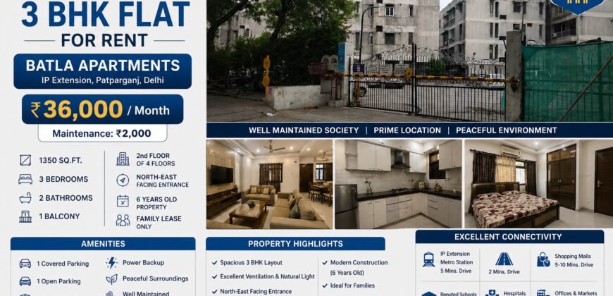 3 BHK Flat for Rent Batla Apartments IP Extension, Patparganj