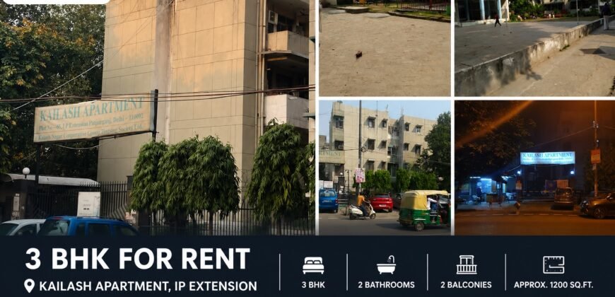 3 BHK Flat for Rent, Kailash Apartment, IP Extension, Patparganj