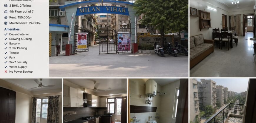 3 BHK Flat for Rent | Milan Vihar Apartment, IP Extension Patparganj