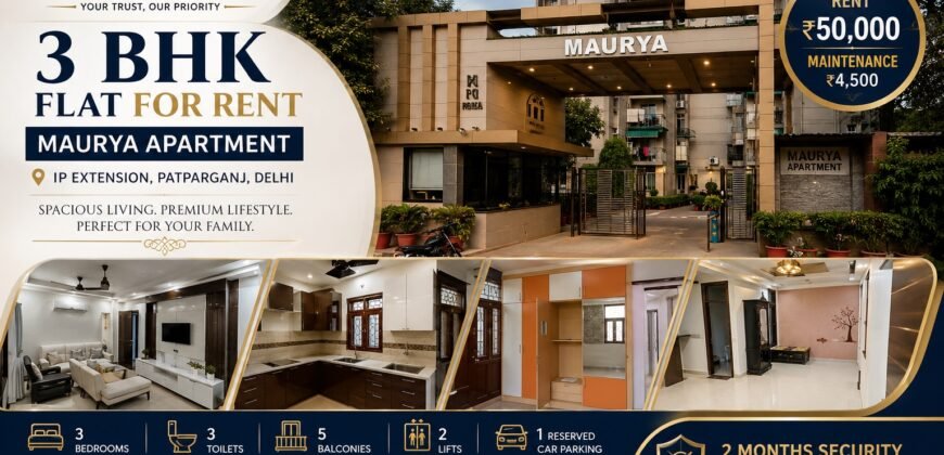 3 BHK Flat for Rent in Maurya Apartment IP Extension Patparganj | ₹50,000