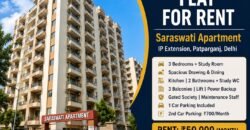 3 BHK Flat for Rent in Saraswati Apartment, IP Extension, Patparganj, Delhi