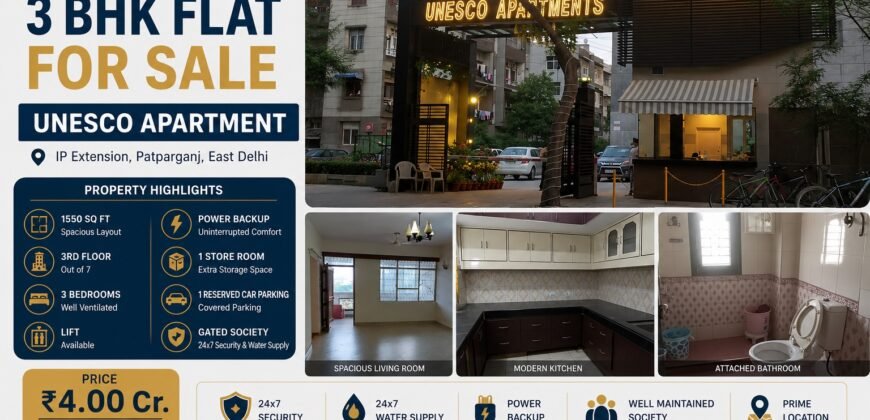 Premium 3 BHK Flat for Sale in UNESCO Apartment, IP Extension, Patparganj