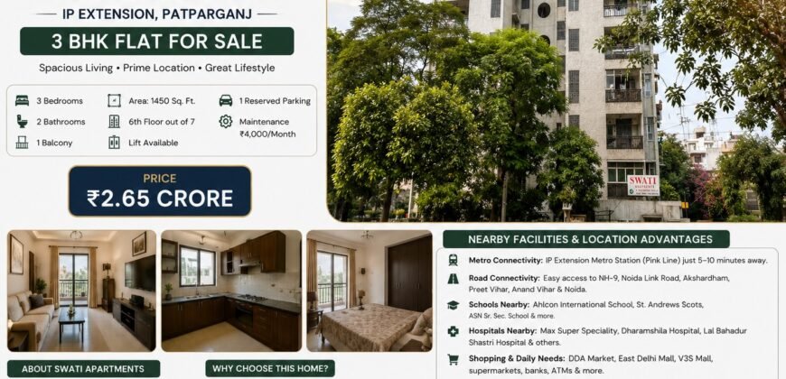 3 BHK Flat in Swati Apartments IP Extension, Patparganj