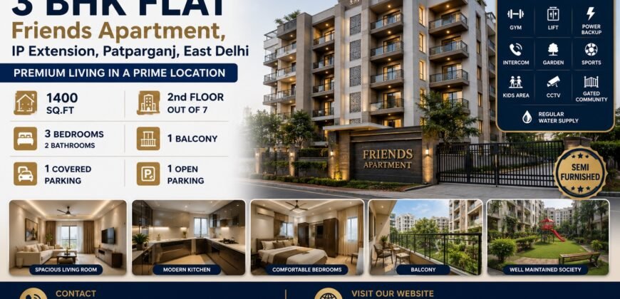 3 BHK Semi-Furnished Flat in Friends Apartment IP Extension