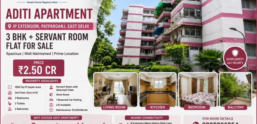 3 BHK + Servant Room Flat for Sale in Aditi Apartment IP Extension