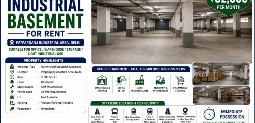 Industrial Basement for Rent in Patparganj Industrial Area, Delhi