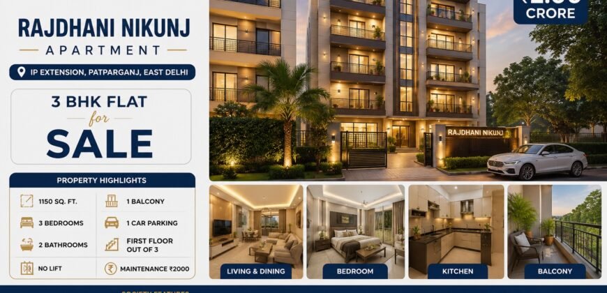 Premium 3 BHK Flat for Sale Rajdhani Nikunj Apartment, IP Extension, Patparganj