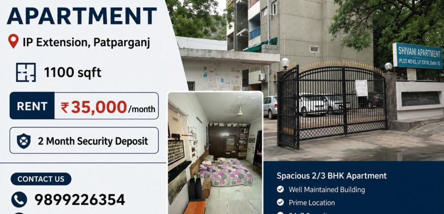 2 BHK Flat for Rent in Shivani Apartment, IP Extension Delhi