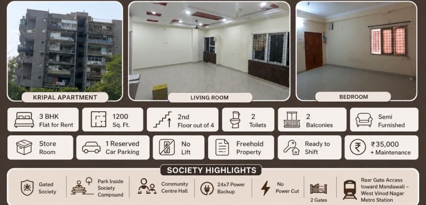 3 BHK Flat 1200 SqFt for Rent in Kripal Apartment