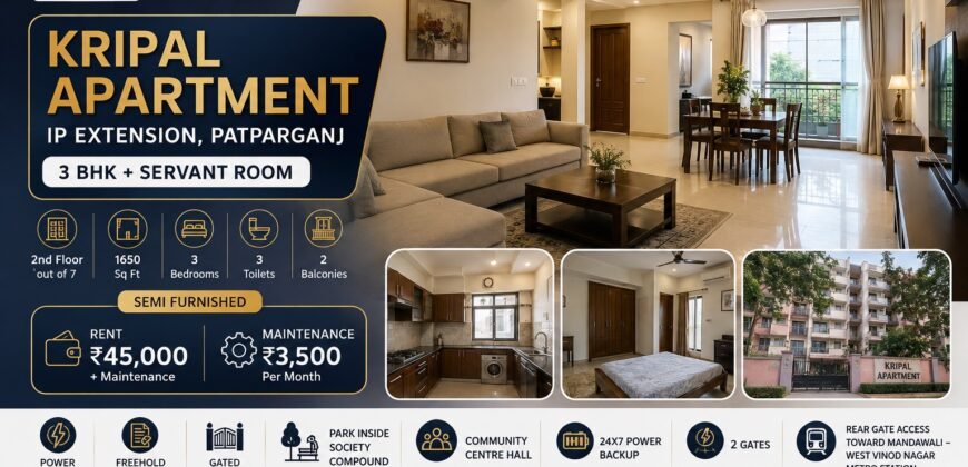 3 BHK with Servant Room for Rent in Kripal Apartment, IP Extension