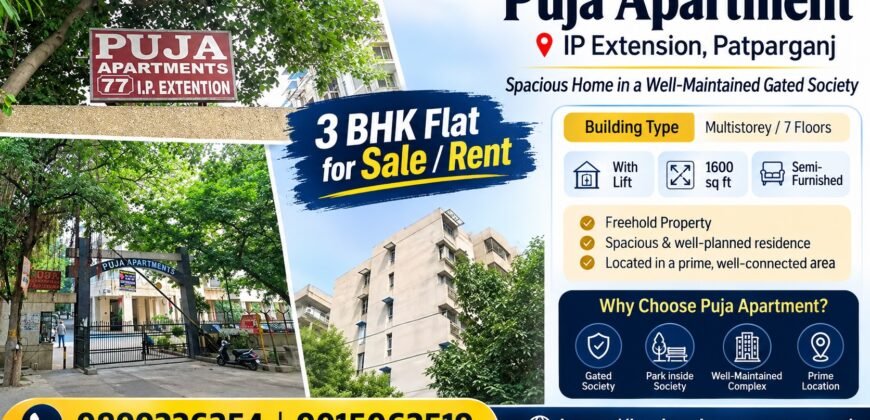 3 BHK Flat for Rent in Puja Apartment, IP Extension
