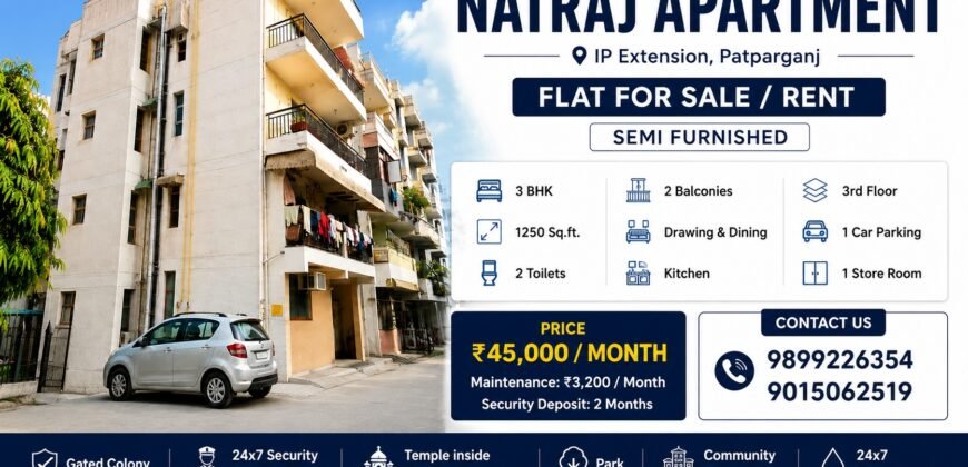 Natraj Apartment – 3 BHK for Rent in IP Extension, Patparganj