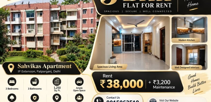 3 BHK Flat for Rent in Sahvikas Apartment, IP Extension