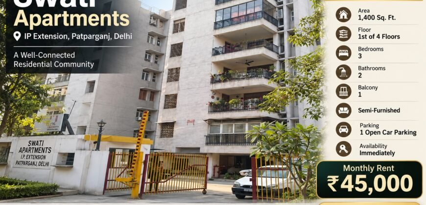 3 BHK Flat for Rent in Swati Apartments, IP Extension