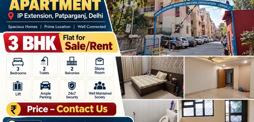 3 BHK Flat for Rent in Konark Apartment, IP Extension