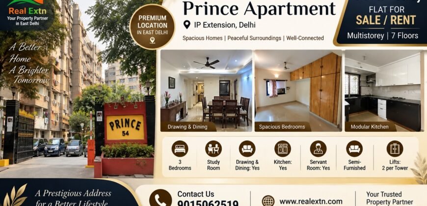 3 BHK with Study Flat for Rent, Prince Apartment, IP Extension