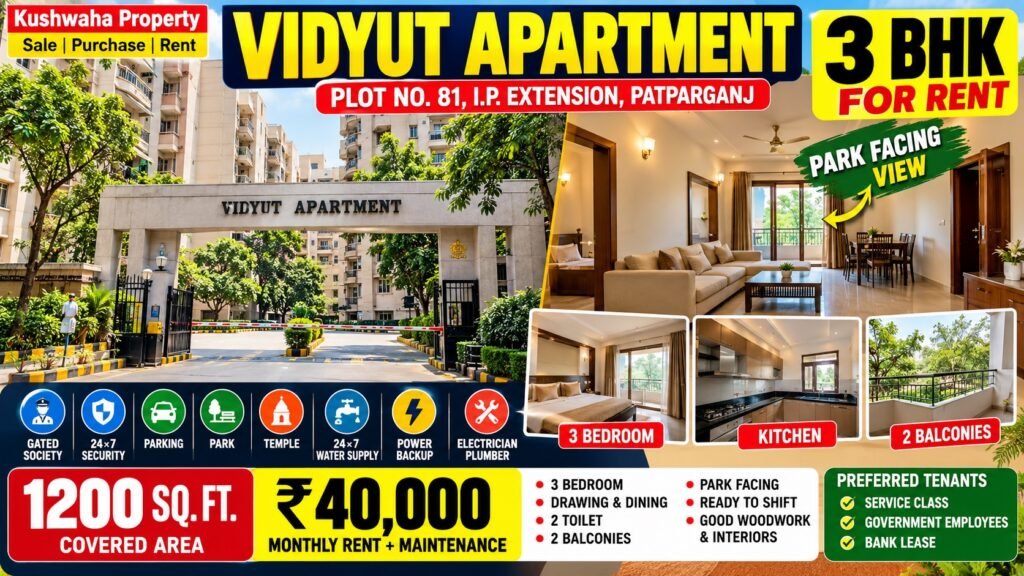 Vidyut Apartment, IP Extension, 3 Bedroom Flat for Rent in East Delhi